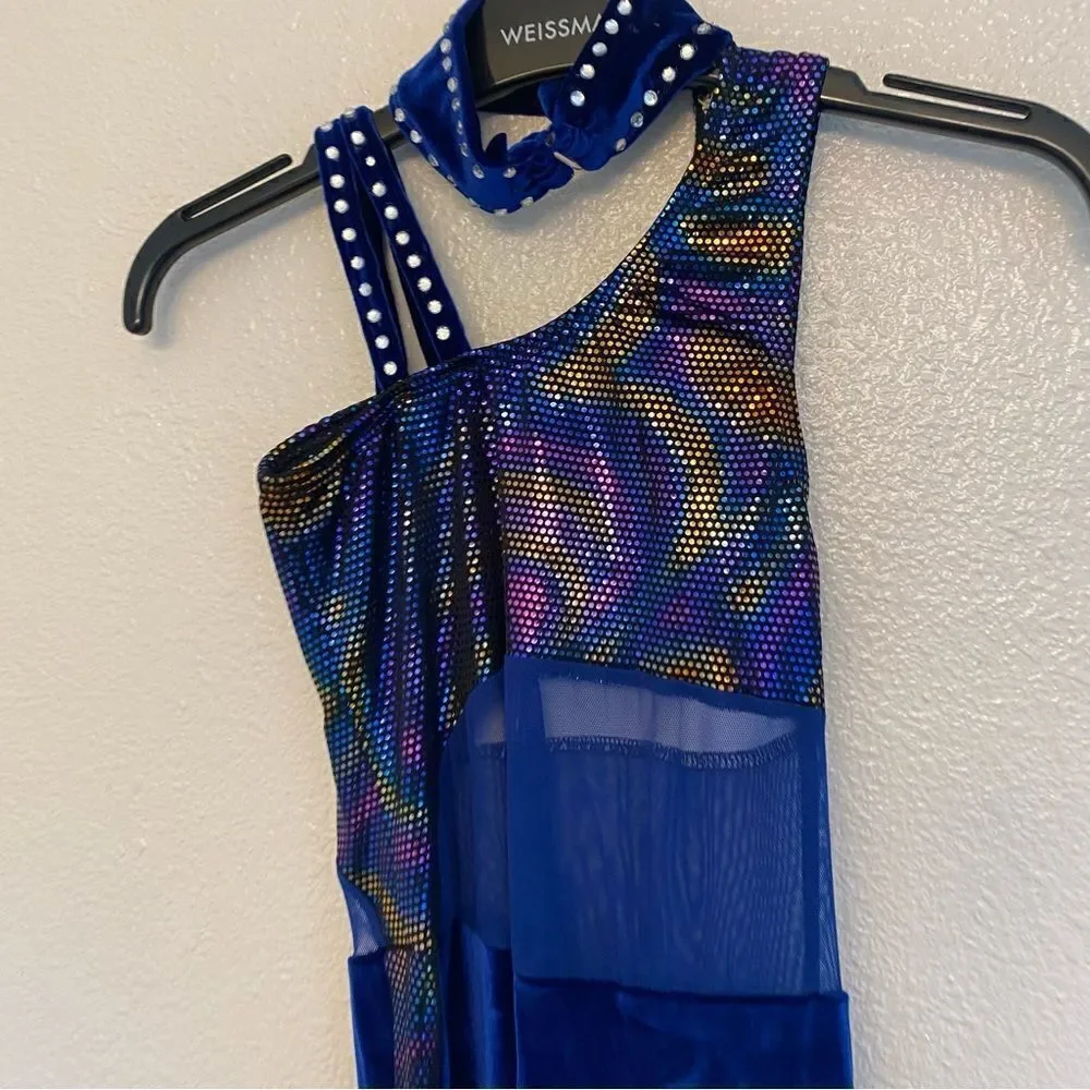 The Line Up Dance Costume unitard blue velvet rhinestone wide leg retro MC 10